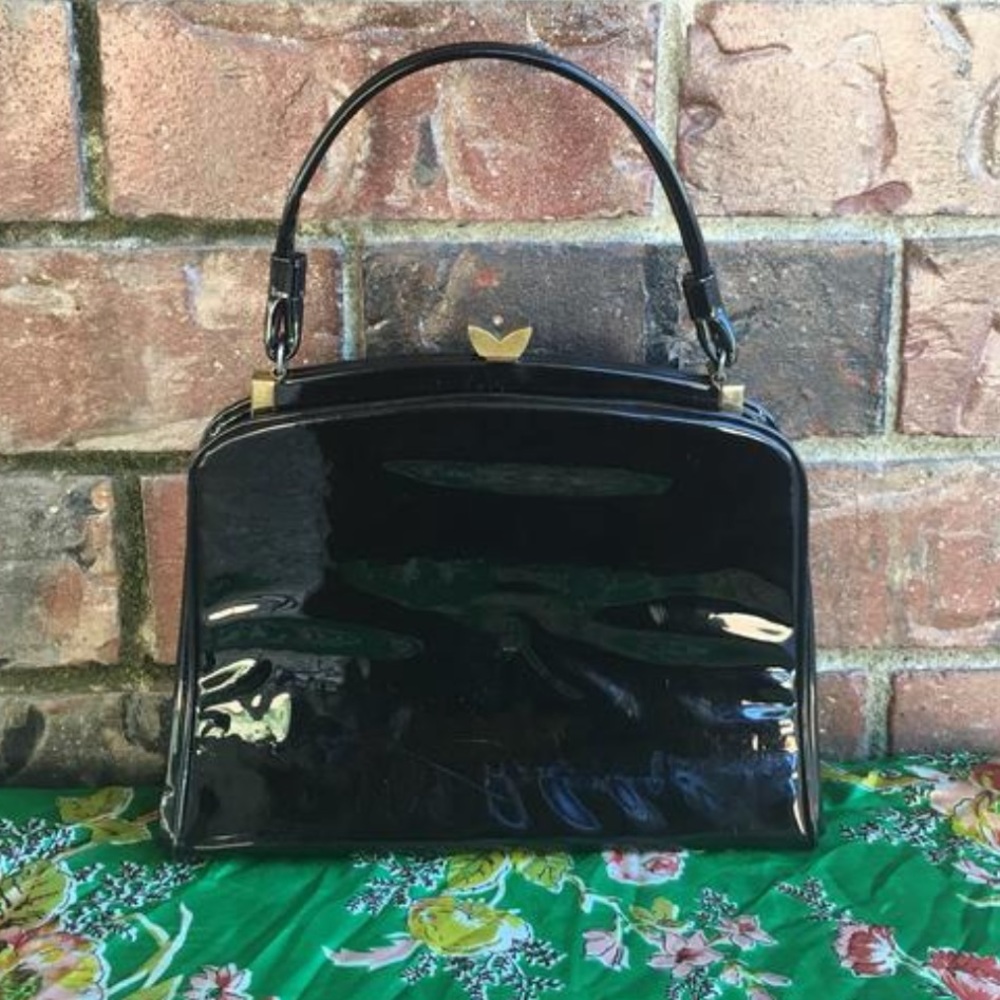 1960's black shiny hand bag